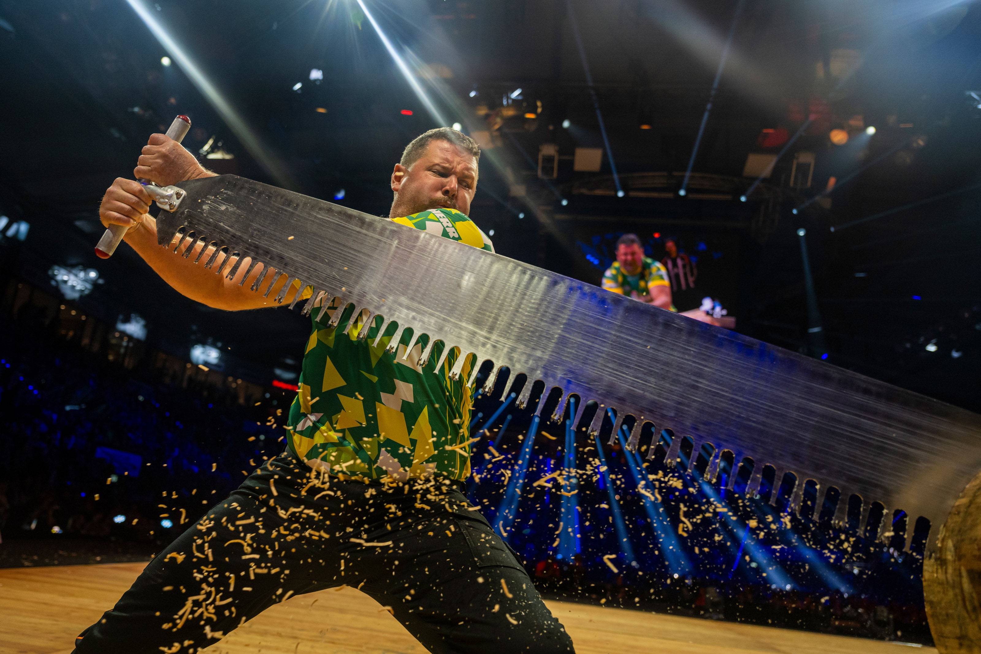 TIMBERSPORTS® Athlet Jamie Head mit der Single Bug bei einem Wettkampf